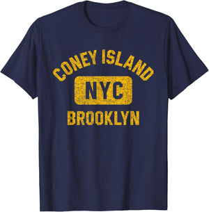 Coney Island NYC Brooklyn Gym Style Distressed Amber Print T-Shirt - T-Shirt | Navy