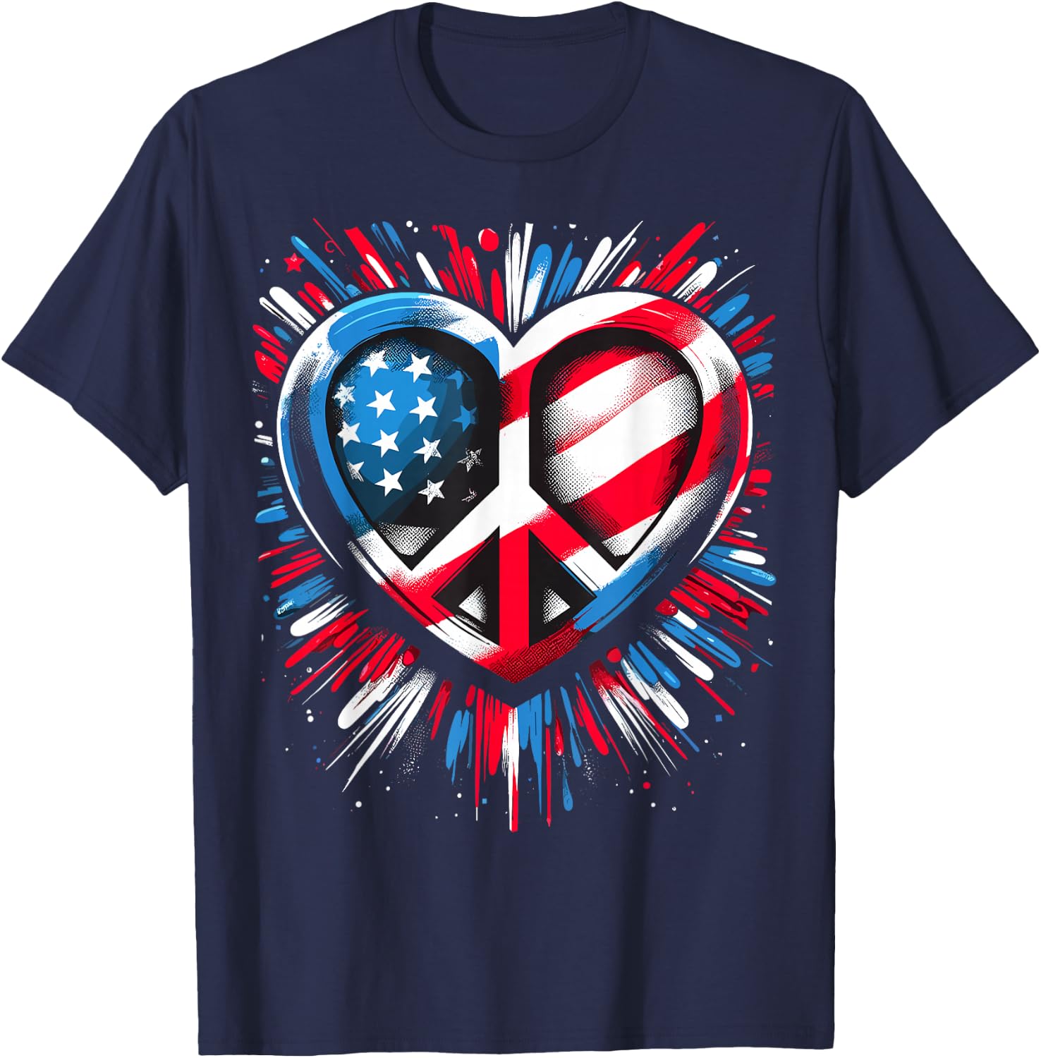 American Flag Peace Sign Heart Hippie Patriotic T-Shirt - T-Shirt | Navy