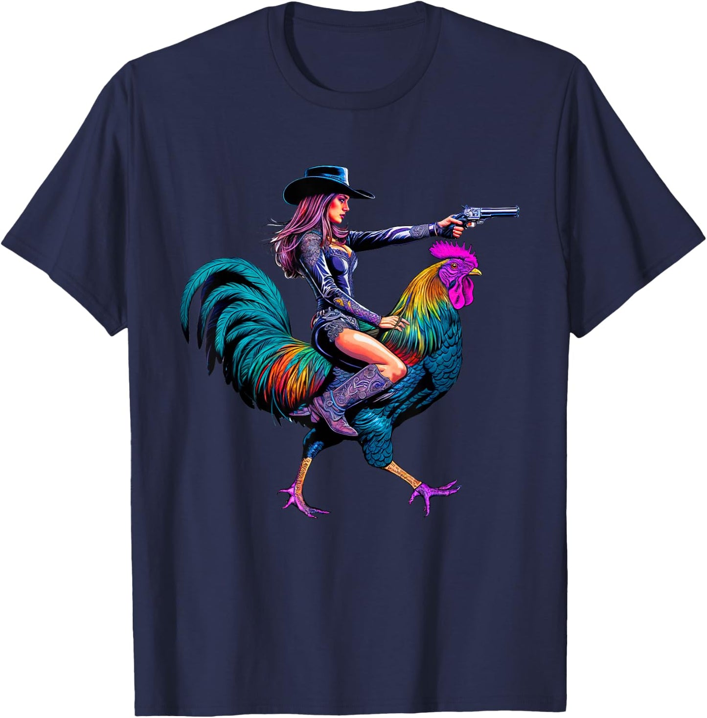 Rooster Cowboy Cowgirl Riding Chicken Whimsical Western T-Shirt - T-Shirt | Navy