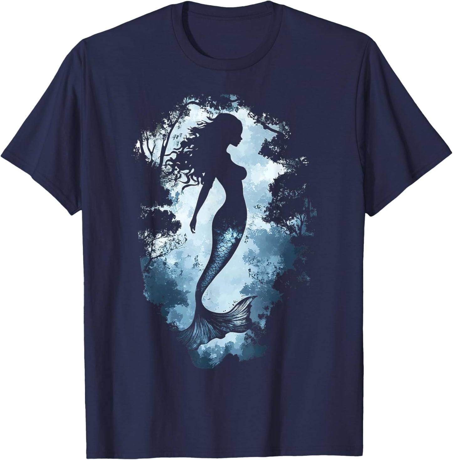 Mermaid Forest Mythical Motif Women Fantasy Graphic Mermaid T-Shirt - T-Shirt | Navy