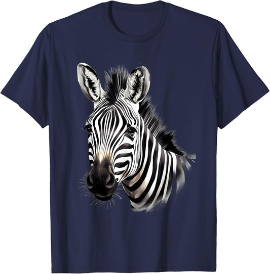 Zebra Portrait Drawing Wildlife Animal Print Nature Motif T-Shirt - T-Shirt | Navy