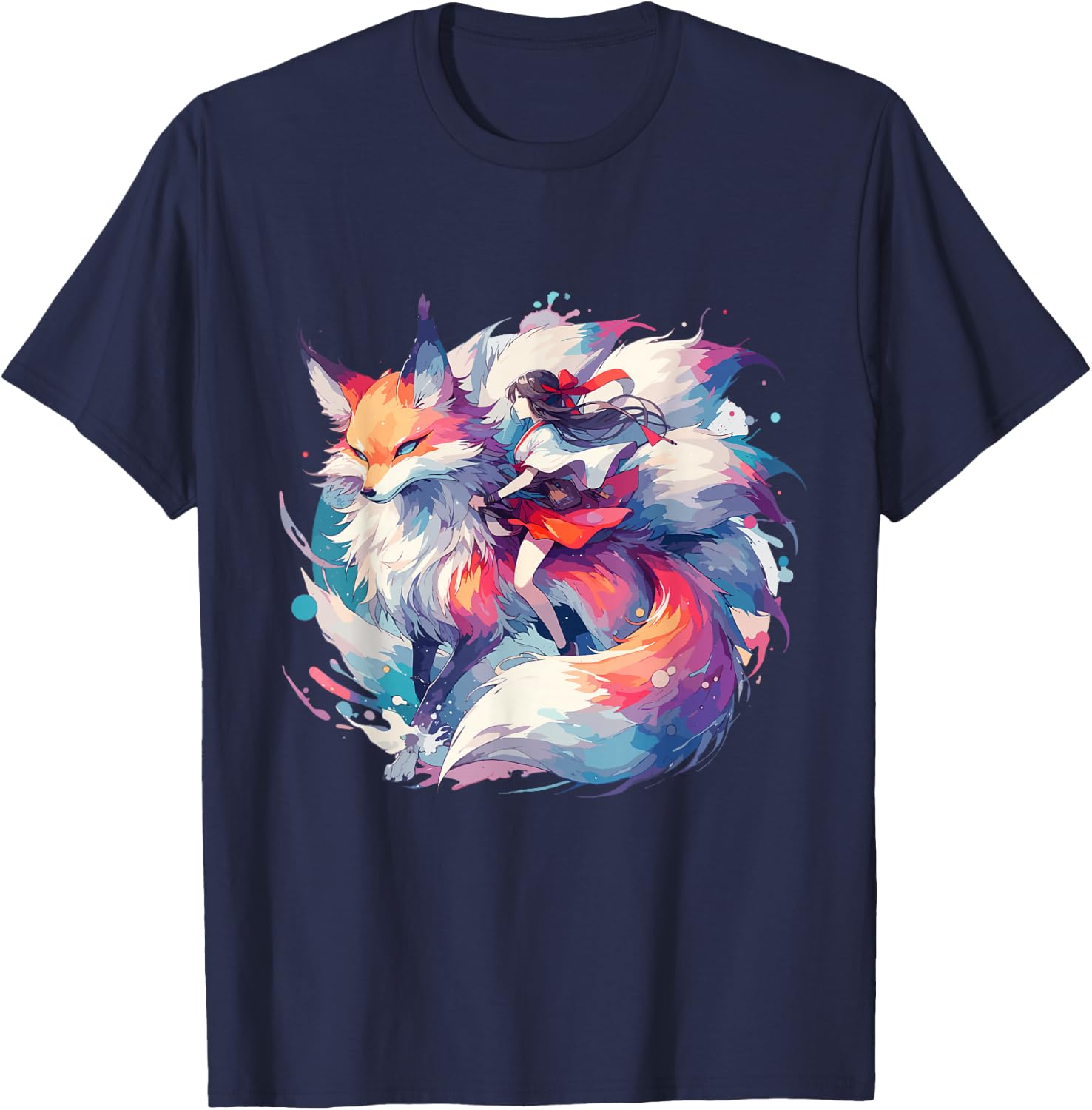 Anime Kitsune Girl On Nine-tailed Fox T-Shirt - T-Shirt | Navy