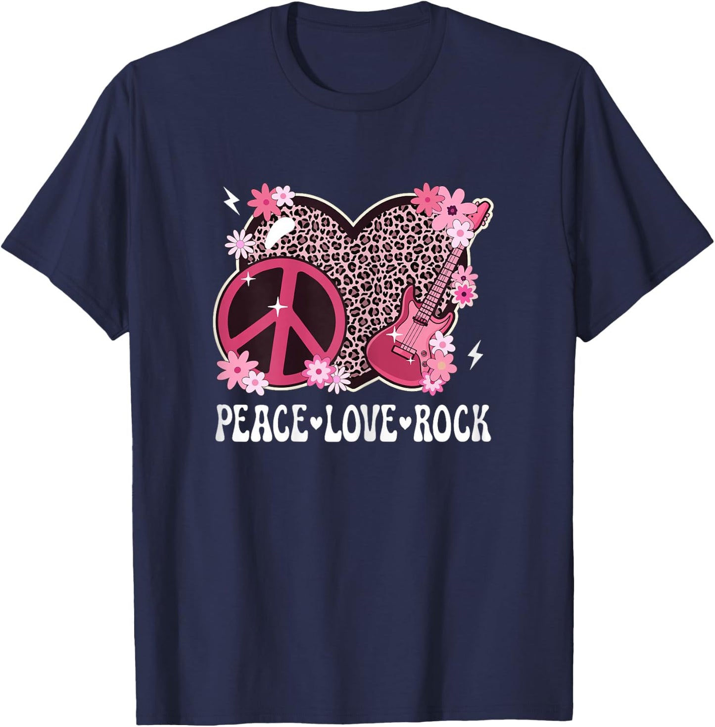 Peace Love Rock And Roll Leopard Print Women Rock Outfit T-Shirt - T-Shirt | Navy