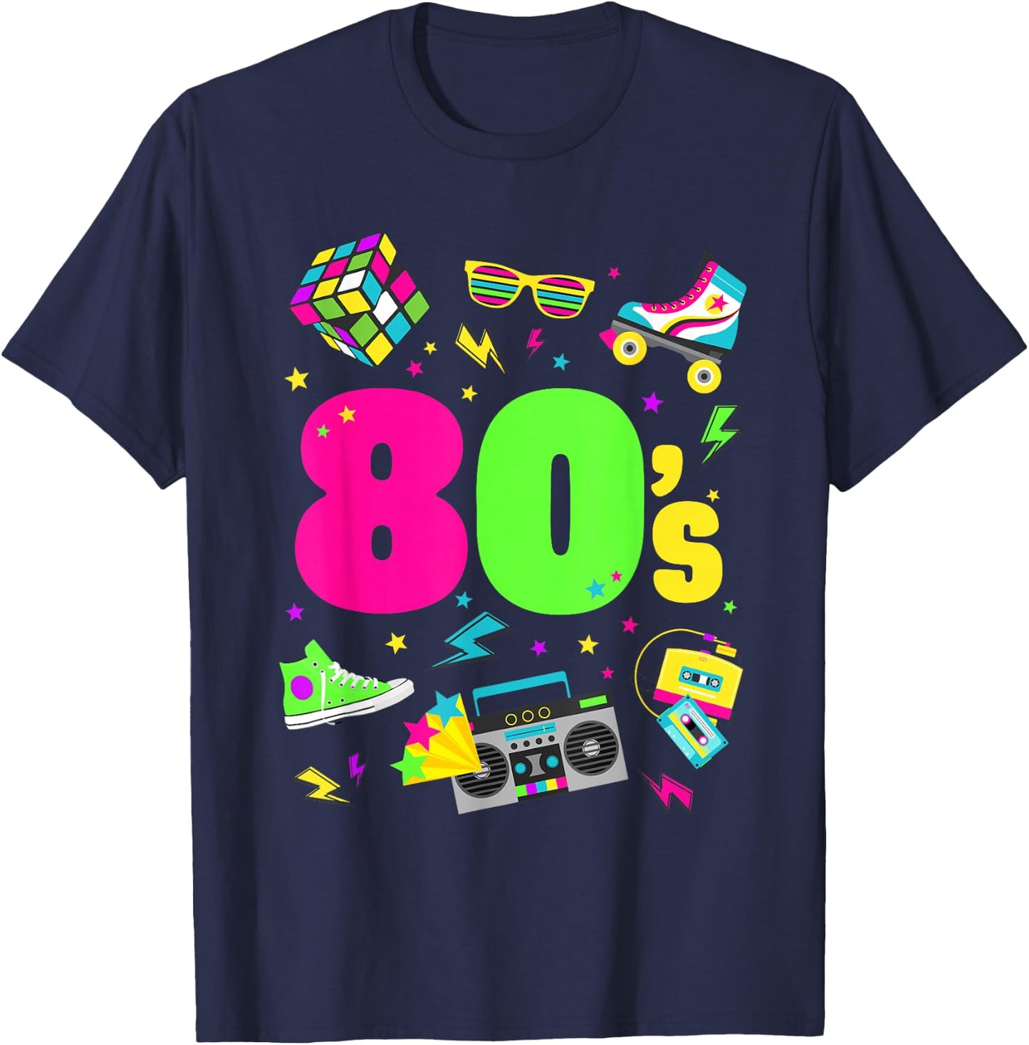 Adult - Black - S - Crew Collar - Cartoon - Crossed - Short Sleeves - EU 38/40 - 80s Theme T-Shirt - T-Shirt | Navy