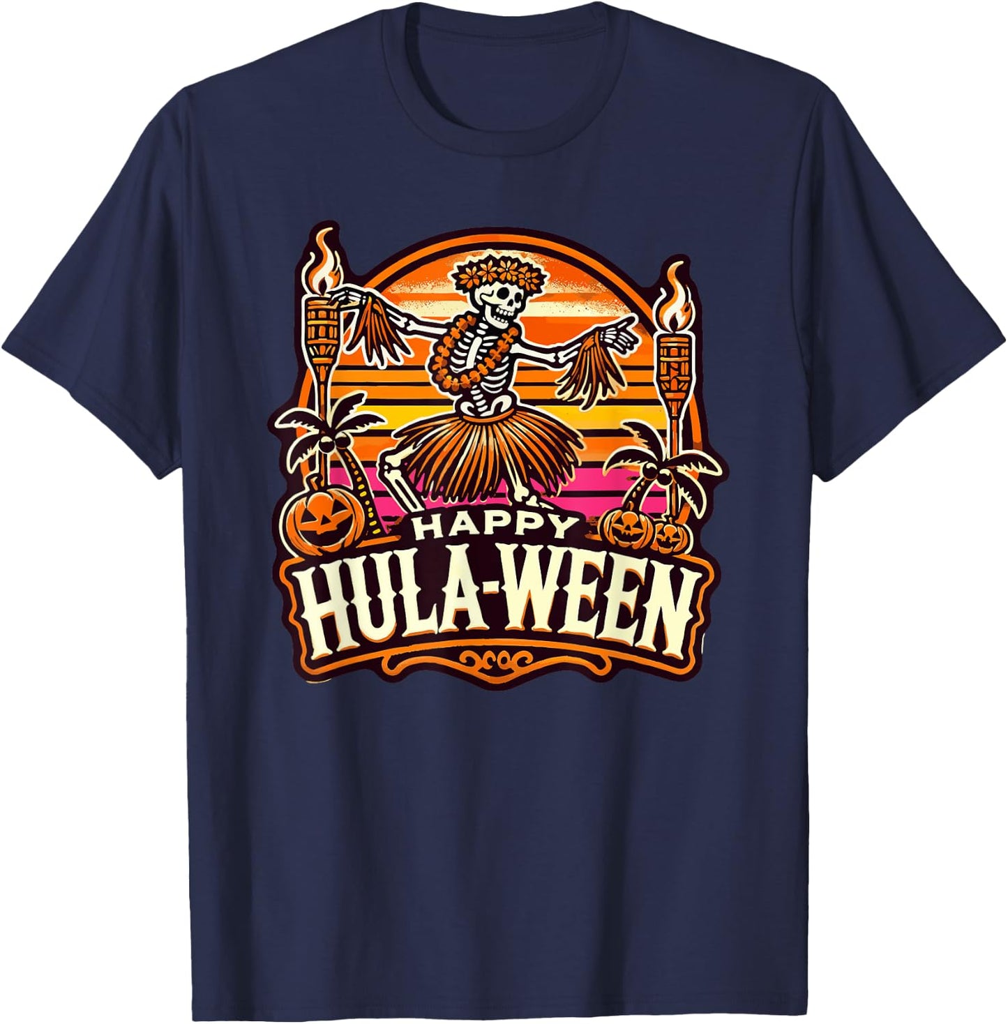 Happy Hulaween Spooky Halloween Island Skeleton Hula Dancer T-Shirt - T-Shirt | Navy