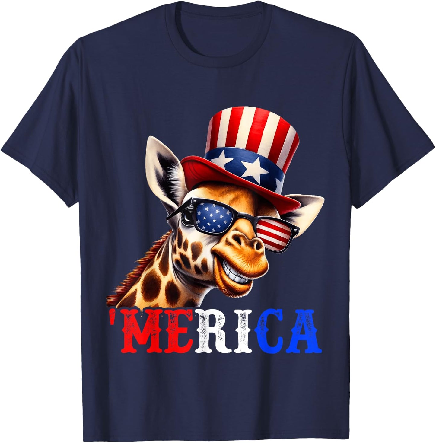 Merica Giraffe Patriotic 4th of July Funny Kids Men Women T-Shirt - T-Shirt | Navy