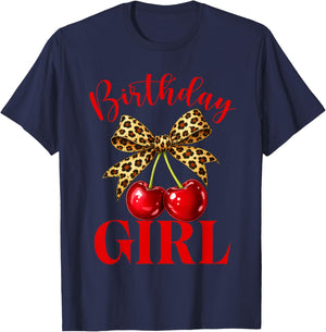 Birthday Girl Leopard Coquette Bow Red Cherry Bday Women T-Shirt - T-Shirt | Navy