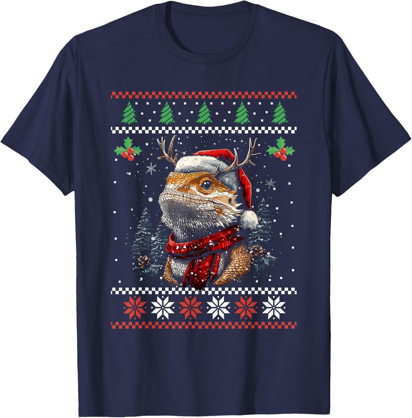 Bearded Dragon Santa Hat Ugly Christmas Sweater Xmas T-Shirt - T-Shirt | Navy