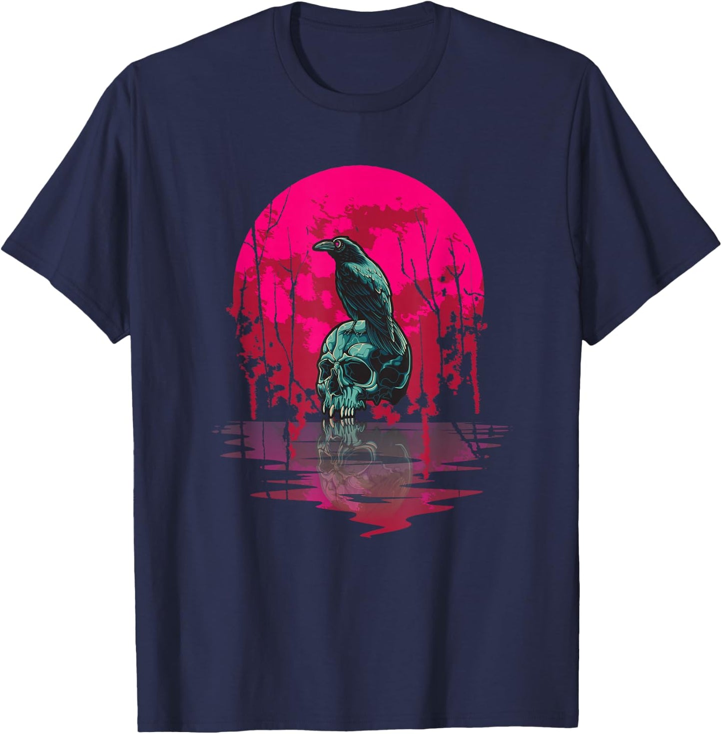 Gothic Raven Skull Red Moon Black Crow T-Shirt - T-Shirt | Navy