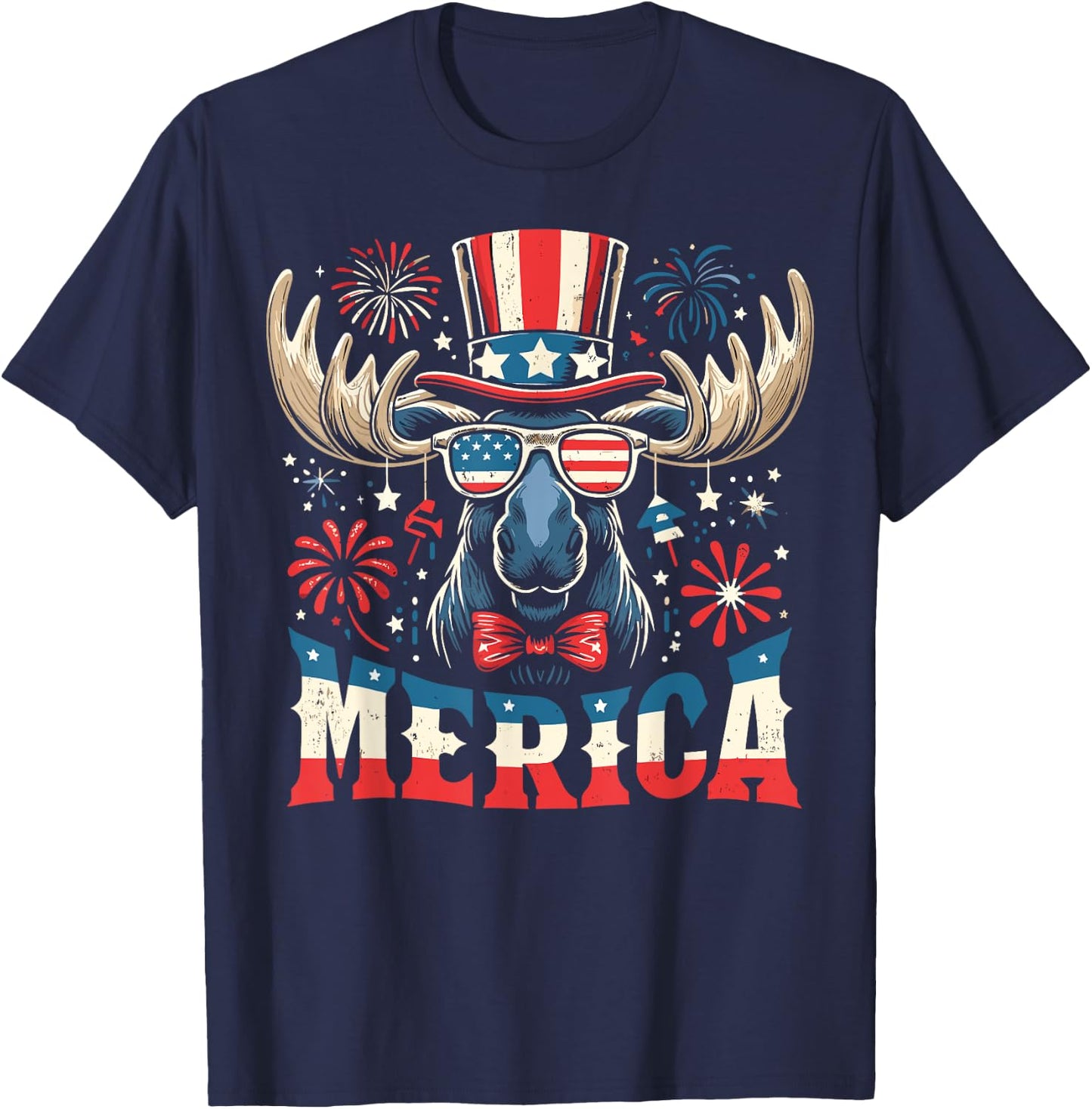 Patriotic Moose USA Flag 4th of July Moose Women Men Merica T-Shirt - T-Shirt | Navy