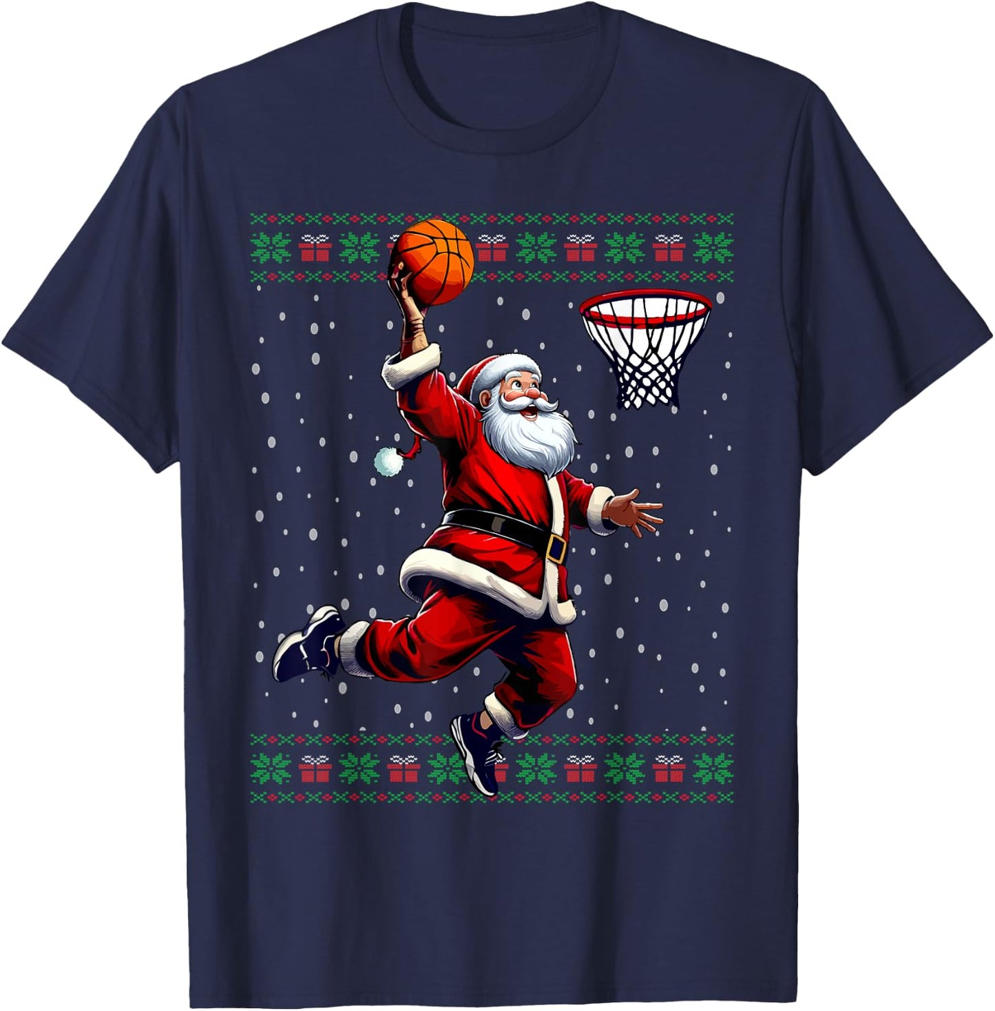 Santa Basketball Ugly Christmas Sweater T-Shirt - T-Shirt | Navy