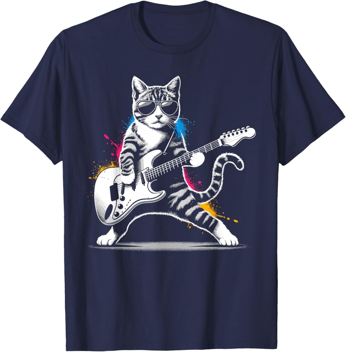 Nerrrdy Damen Rock 'n' Katzen Katzen und Gitarren Schwarz Kurzarm Klein Regular M T-Shirt - T-Shirt | Navy