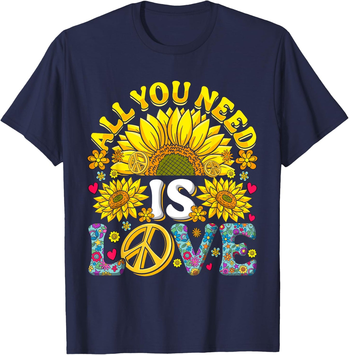 All you need is LOVE Flower Power Love 60s 70s Hippie , black T-Shirt - T-Shirt | Navy