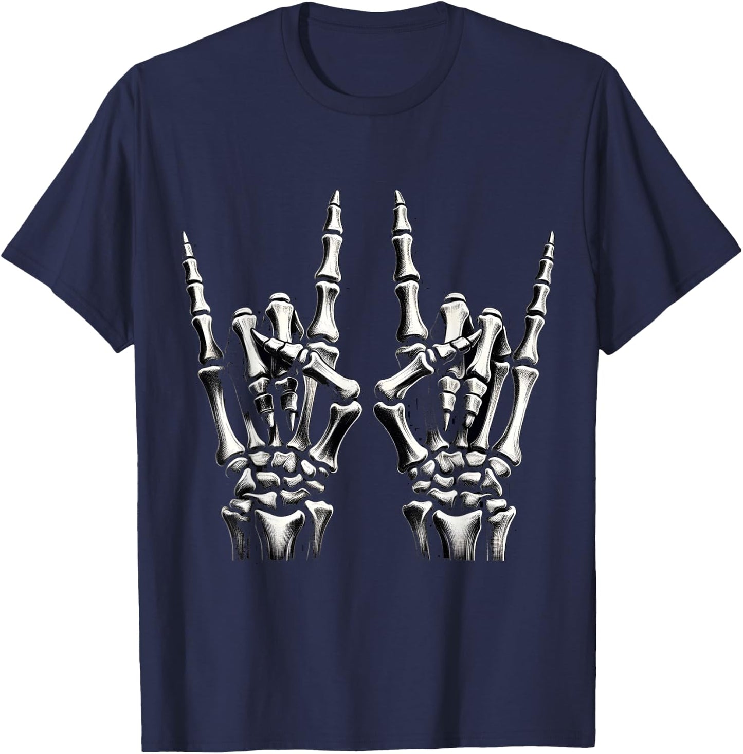 Hand rock on skeleton panel for music supporters , Black, S T-Shirt - T-Shirt | Navy