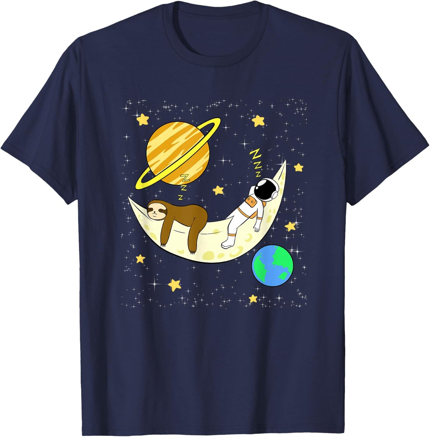 Astronaut Planets Moon Sloth Sleep Space Galaxy T-Shirt - T-Shirt | Navy