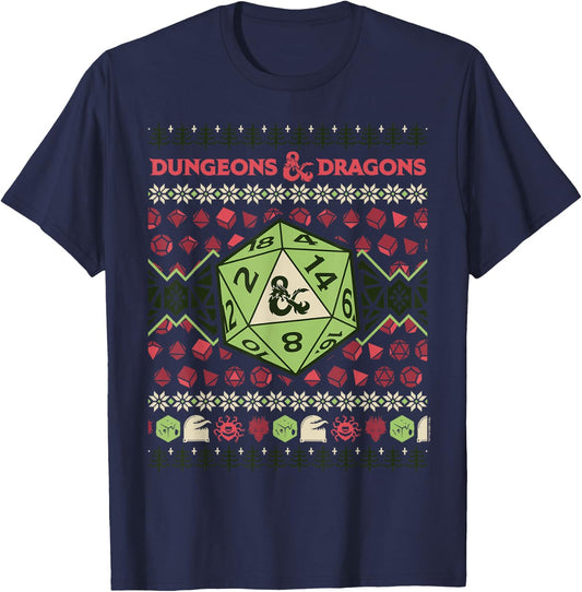 Dungeons & Dragons 20-Sided Dice Ugly Christmas T-Shirt - T-Shirt | Navy