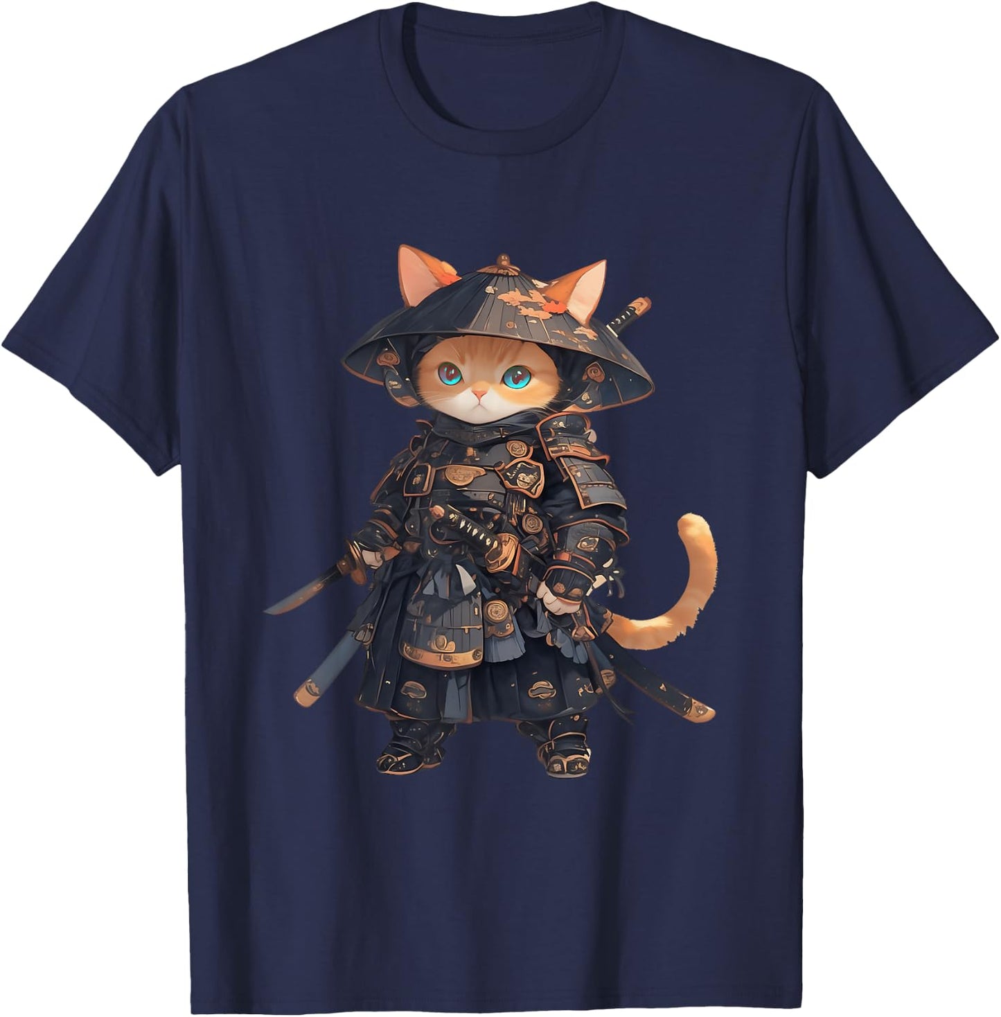 Japanese Samurai Cat Kawaii Ninja Cat Neko T-Shirt - T-Shirt | Navy
