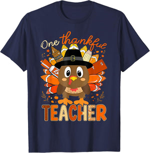 One Thankful Teacher Turkey Pencil Thanksgiving Teachers T-Shirt - T-Shirt | Navy