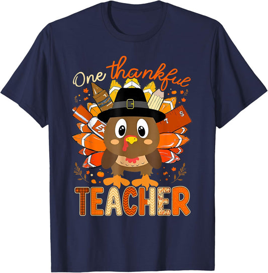 One Thankful Teacher Turkey Pencil Thanksgiving Teachers T-Shirt - T-Shirt | Navy