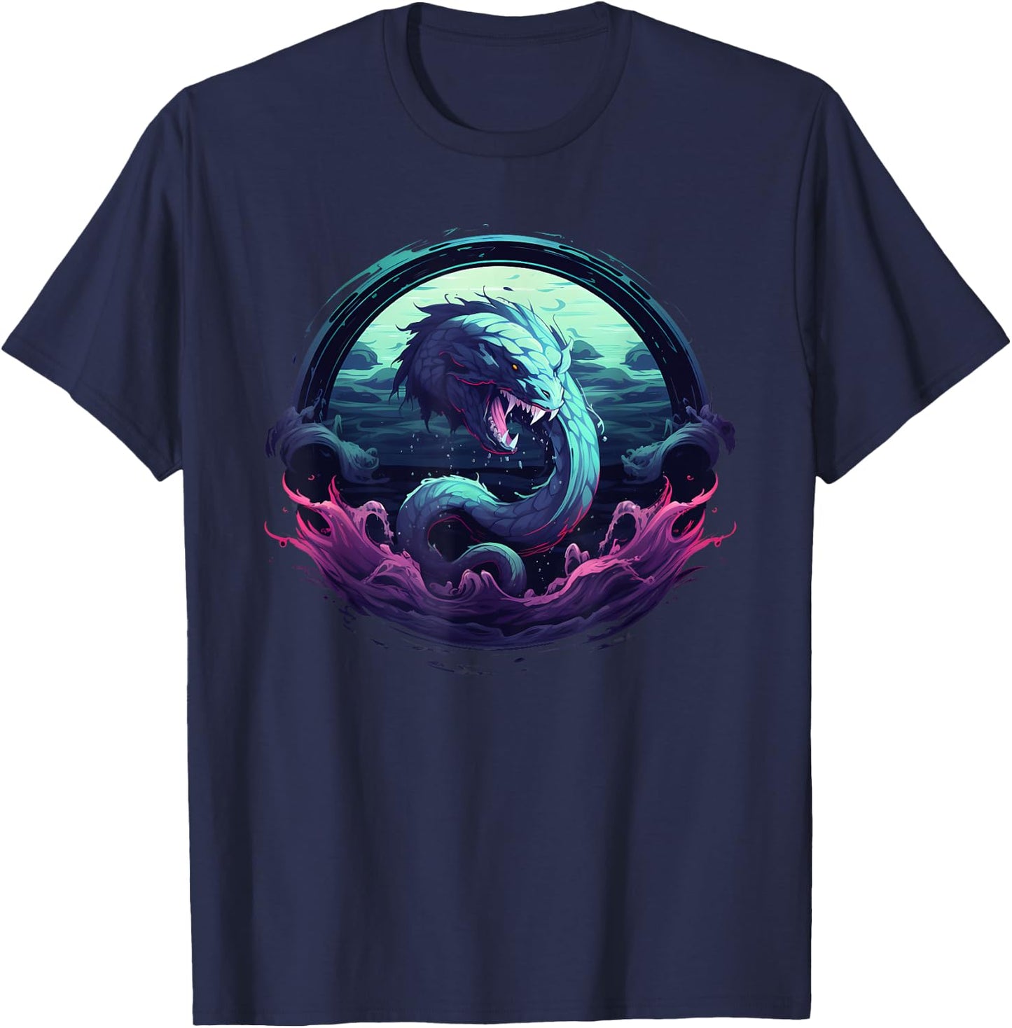 Sea Monster Leviathan Ocean Creature Vintage Art Graphic T-Shirt - T-Shirt | Navy