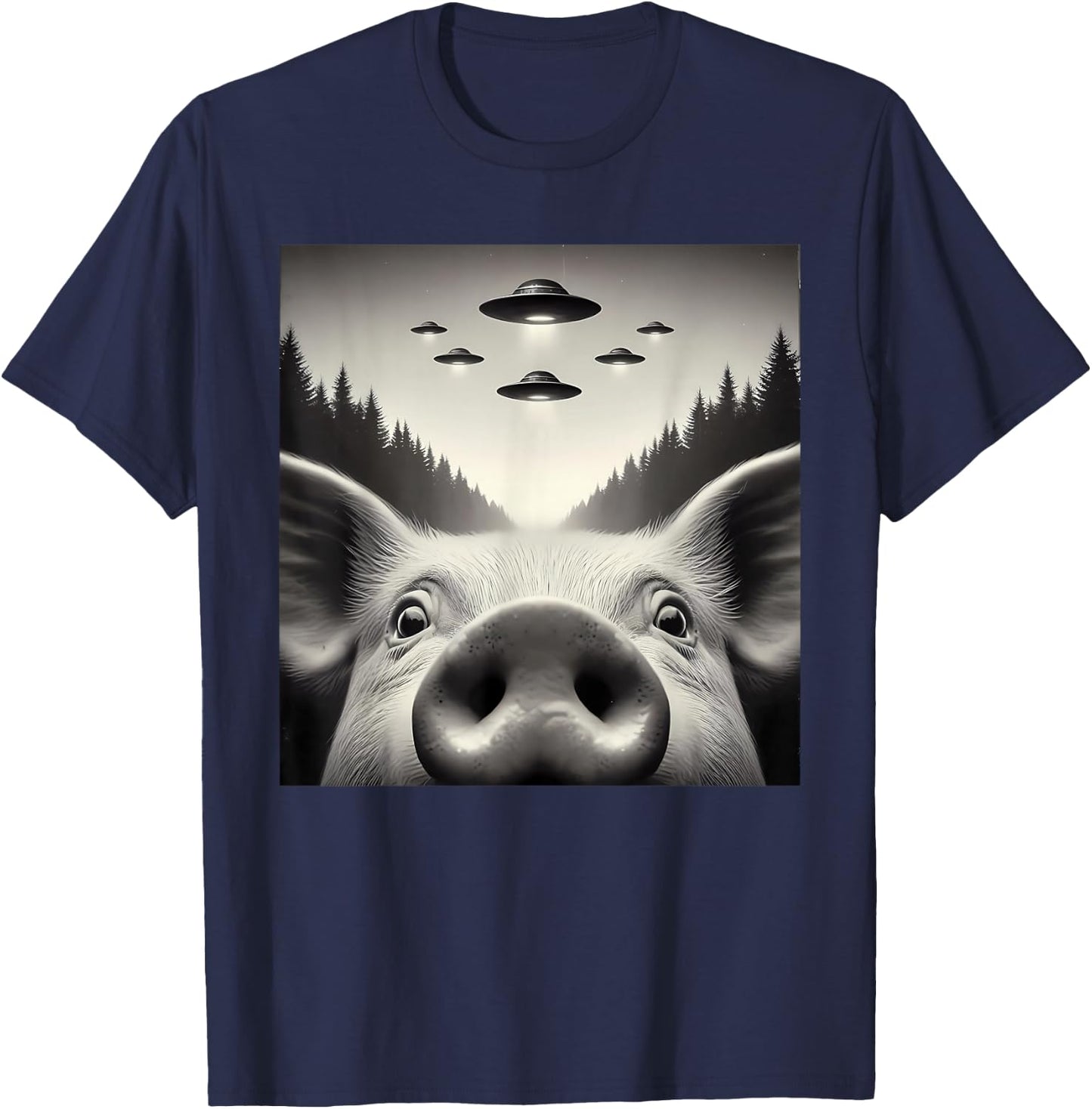 Funny Pig Selfie UFO Alien Humor Vintage Print Art Design T-Shirt - T-Shirt | Navy