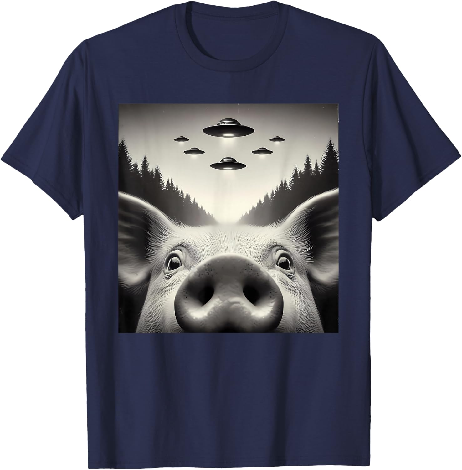 Funny Pig Selfie UFO Alien Humor Vintage Print Art Design T-Shirt - T-Shirt | Navy