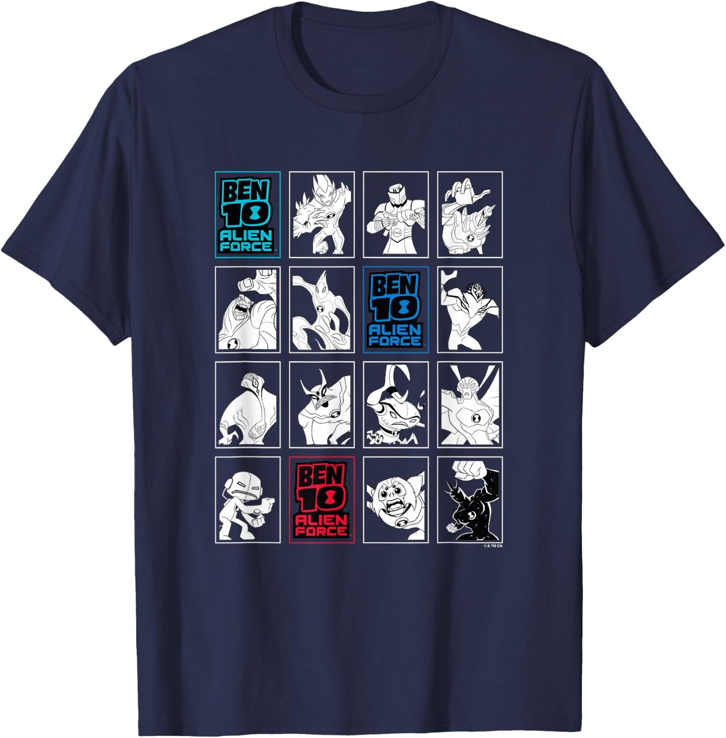 Ben 10: Alien Force Ten Alien Heroes VS Villains B&W Panels T-Shirt - T-Shirt | Navy