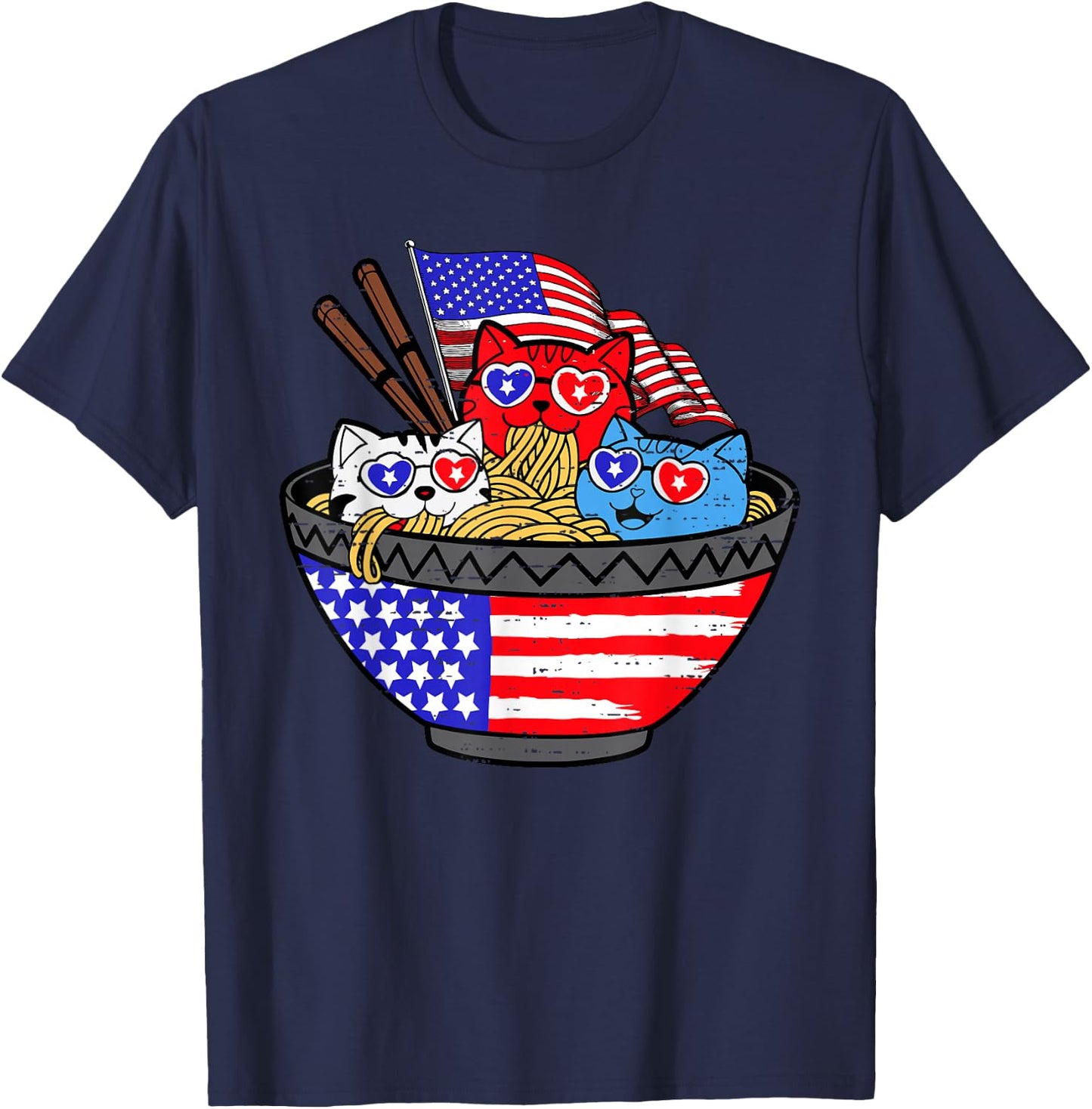 Cats Ramen Anime Kitty American Flag USA 4th of July Fourth T-Shirt - T-Shirt | Navy