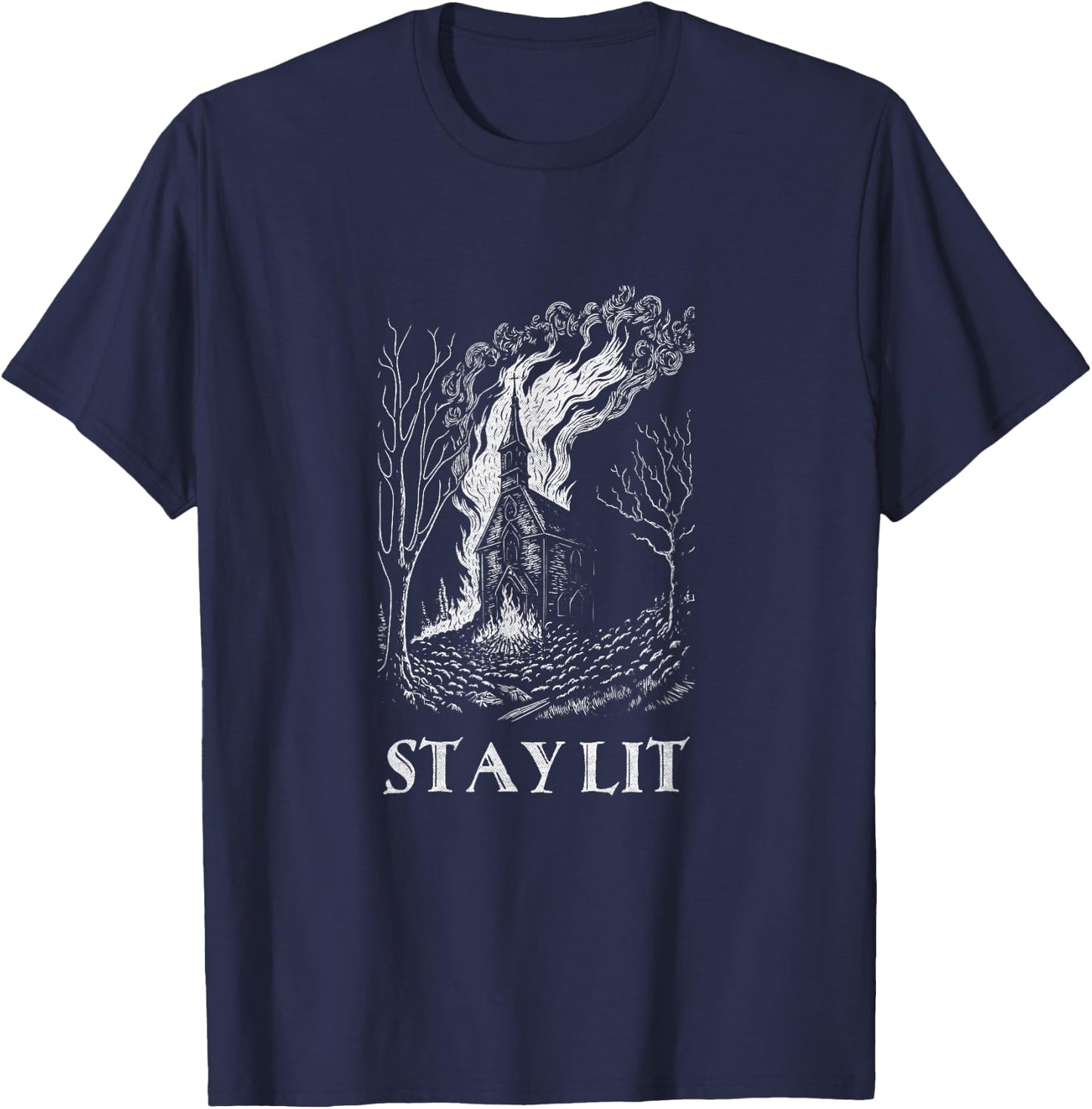 Okkult Atheist Burn Church Stay Lit Satan Devil Grunge T-Shirt - T-Shirt | Navy