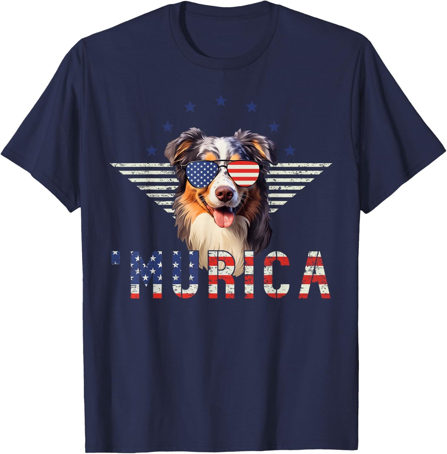 Murica Australian Shepherd Sunglasses American Flag 4th July T-Shirt - T-Shirt | Navy