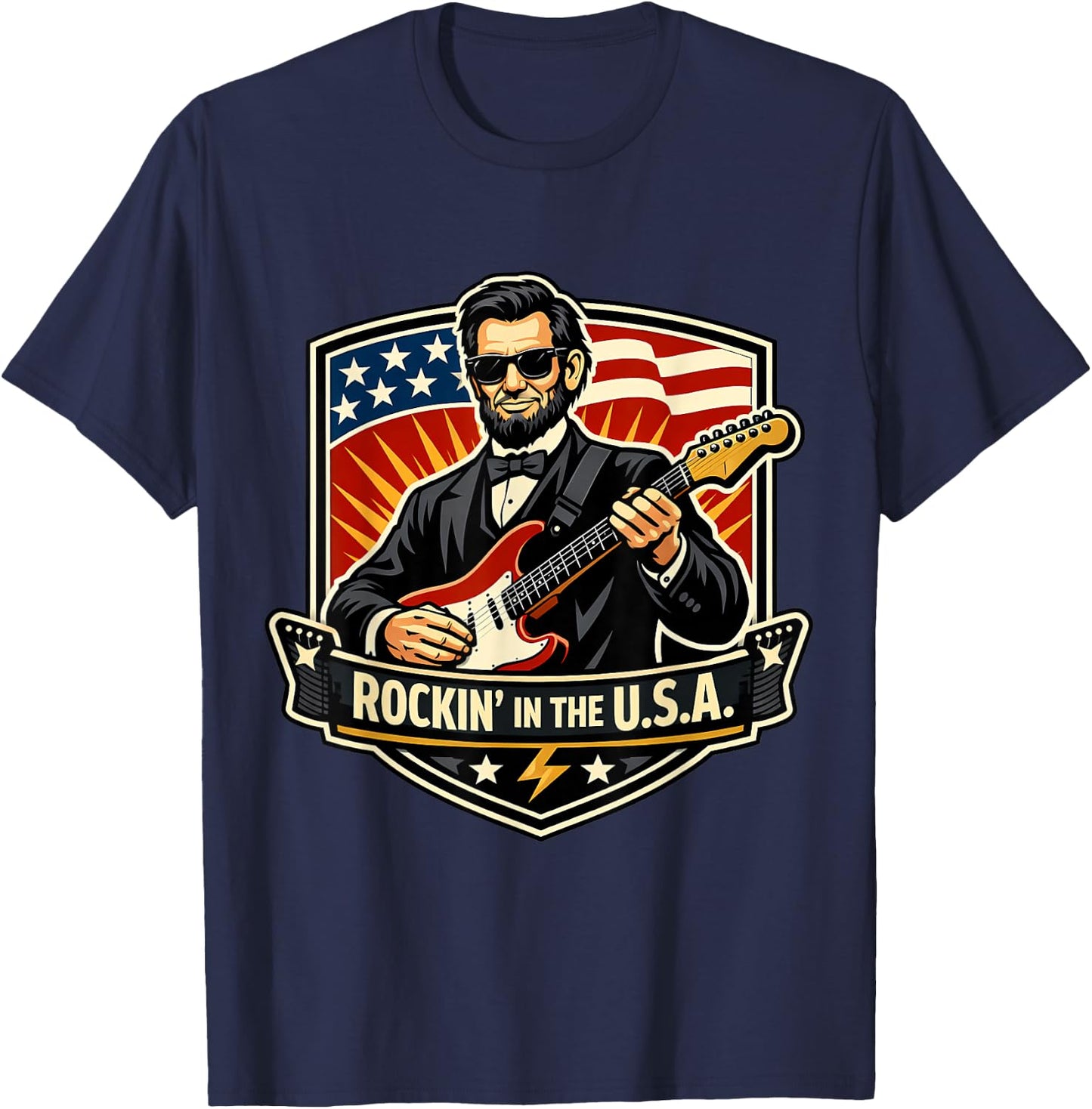 Rockin in The USA President Guitar American Independence Day T-Shirt - T-Shirt | Navy