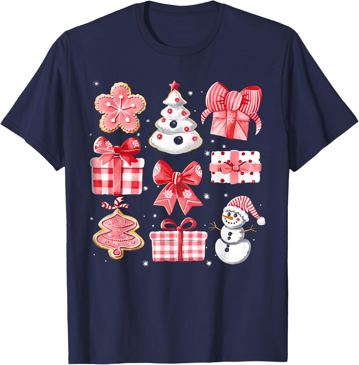 Cute Coquette Christmas Red Bows Santa Gingerbread Snowman T-Shirt - T-Shirt | Navy