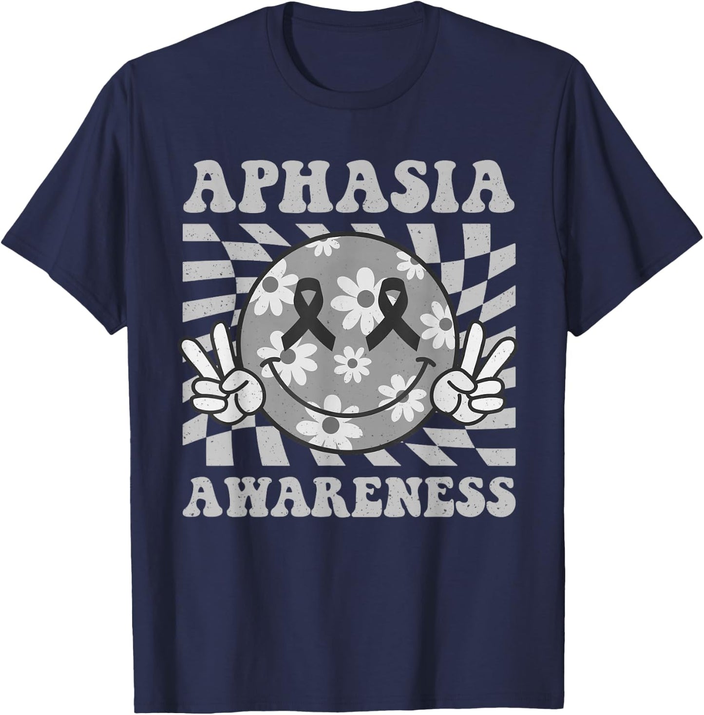 Groovy Aphasia Awareness Smile Face Gray Ribbon Support T-Shirt - T-Shirt | Navy