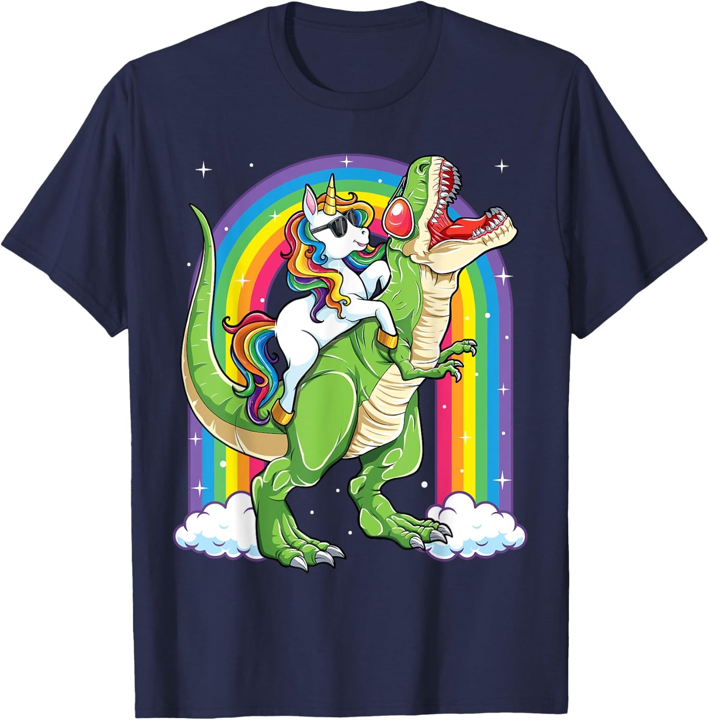 Unicorn Riding Dinosaur T rex Boys Girls Men Women Rainbow T-Shirt - T-Shirt | Navy