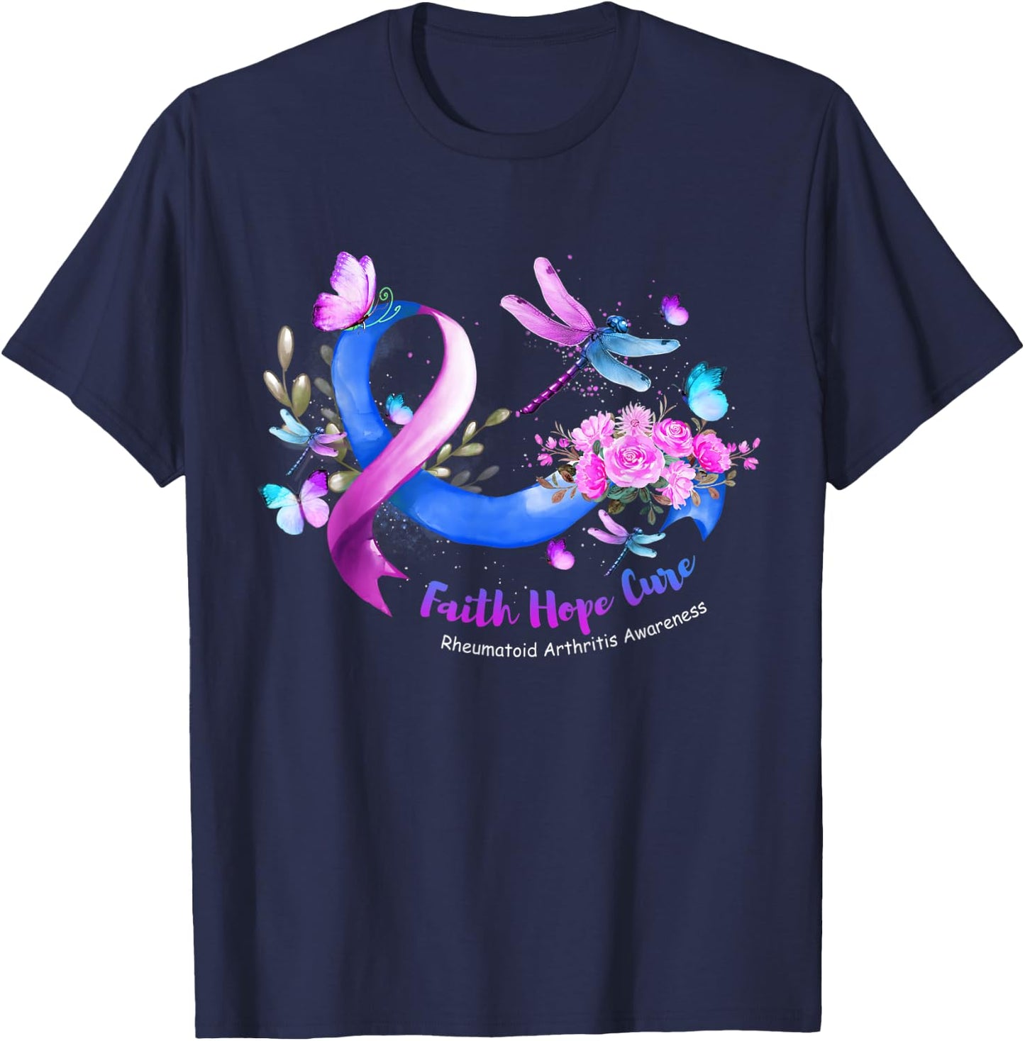 Faith Hope Cure Dragonfly Rheumatoid Arthritis Awareness T-Shirt - T-Shirt | Navy