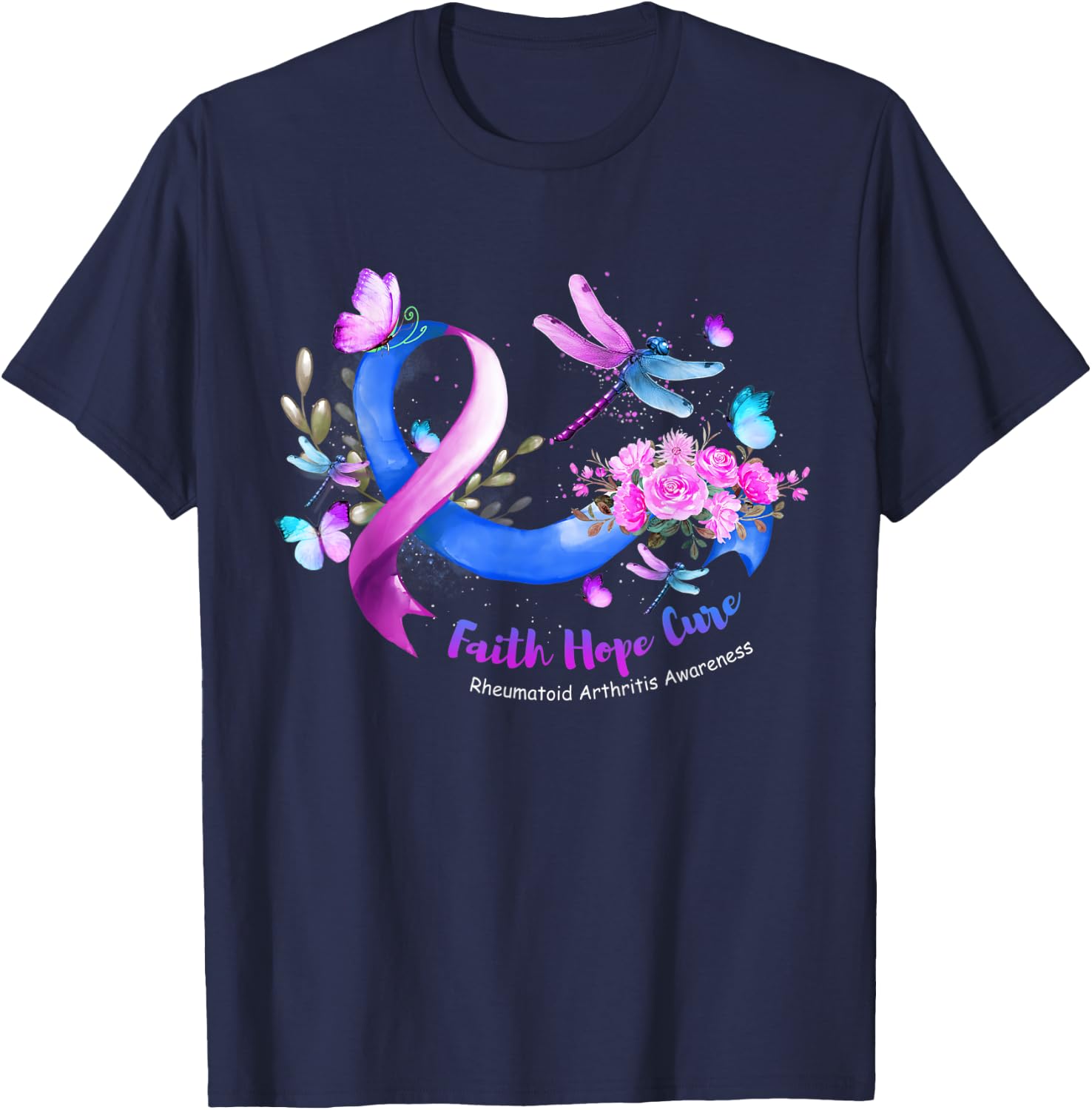 Faith Hope Cure Dragonfly Rheumatoid Arthritis Awareness T-Shirt - T-Shirt | Navy