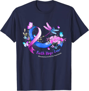 Faith Hope Cure Dragonfly Rheumatoid Arthritis Awareness T-Shirt - T-Shirt | Navy