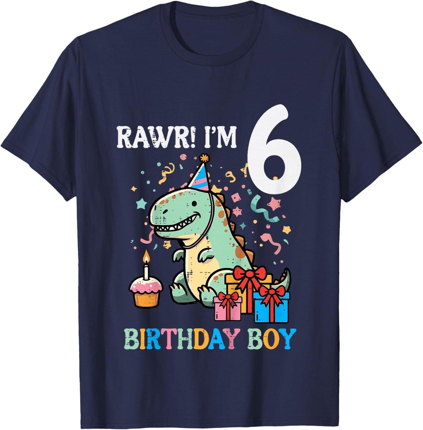 Kids Rawr Im 6 Dinosaur Birthday Boy Cute 6th Bday Trex Boys Kids T-Shirt - T-Shirt | Navy