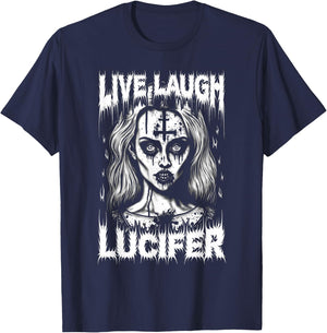 Live Laugh Lucifer Satanic Goth Woman In Demonic Makeup T-Shirt - T-Shirt | Navy