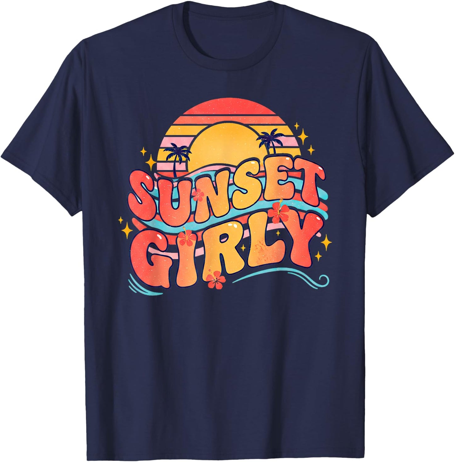 Sunset Girly Tropical Beach Sunset Groovy Summer T-Shirt - T-Shirt | Navy