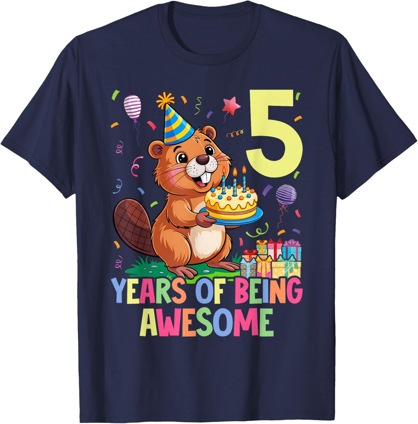 Beaver 5th Birthday for Kids Five Year Old Beaver T-Shirt - T-Shirt | Navy