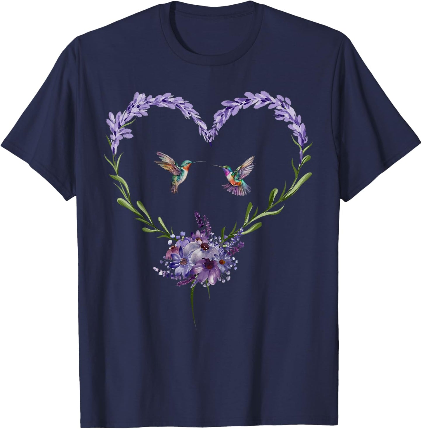 Hummingbird Lavender Flower Heart Botanical Nature Lover T-Shirt - T-Shirt | Navy