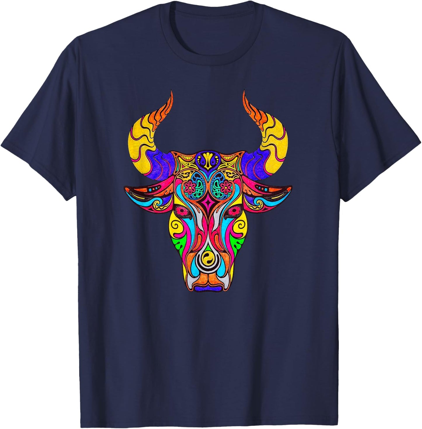 Multi Color Mosaic Bull Design Product T-Shirt - T-Shirt | Navy
