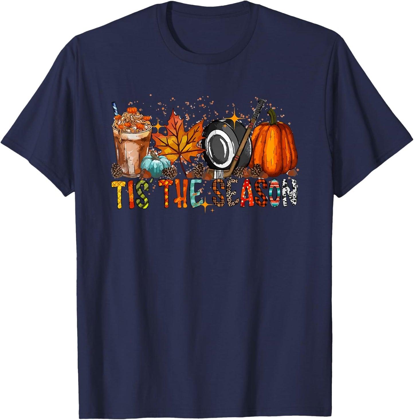 Tis Season Hockey Latte Leaves Hello Pumpkin Halloween T-Shirt - T-Shirt | Navy