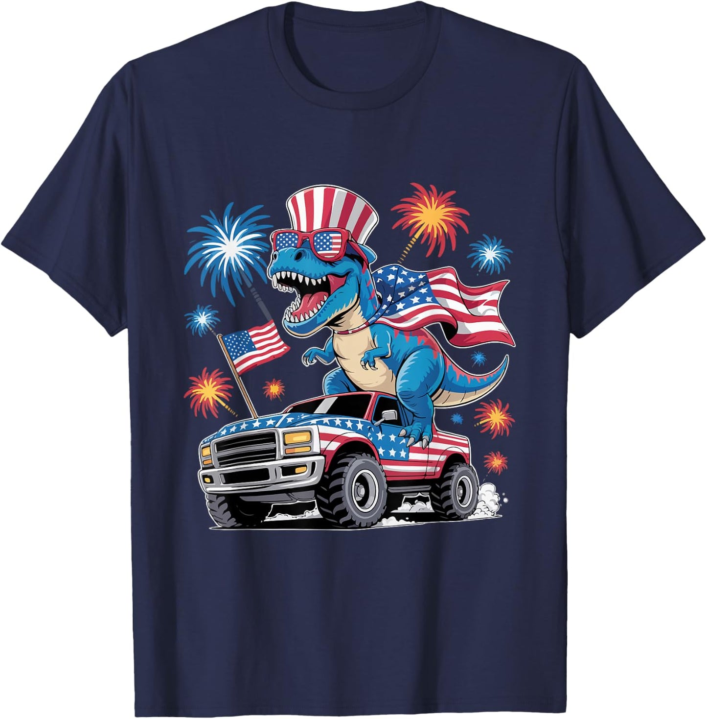 Dinosaur 4th Of July T Rex Dinosaur Truck Dino T-Shirt - T-Shirt | Navy