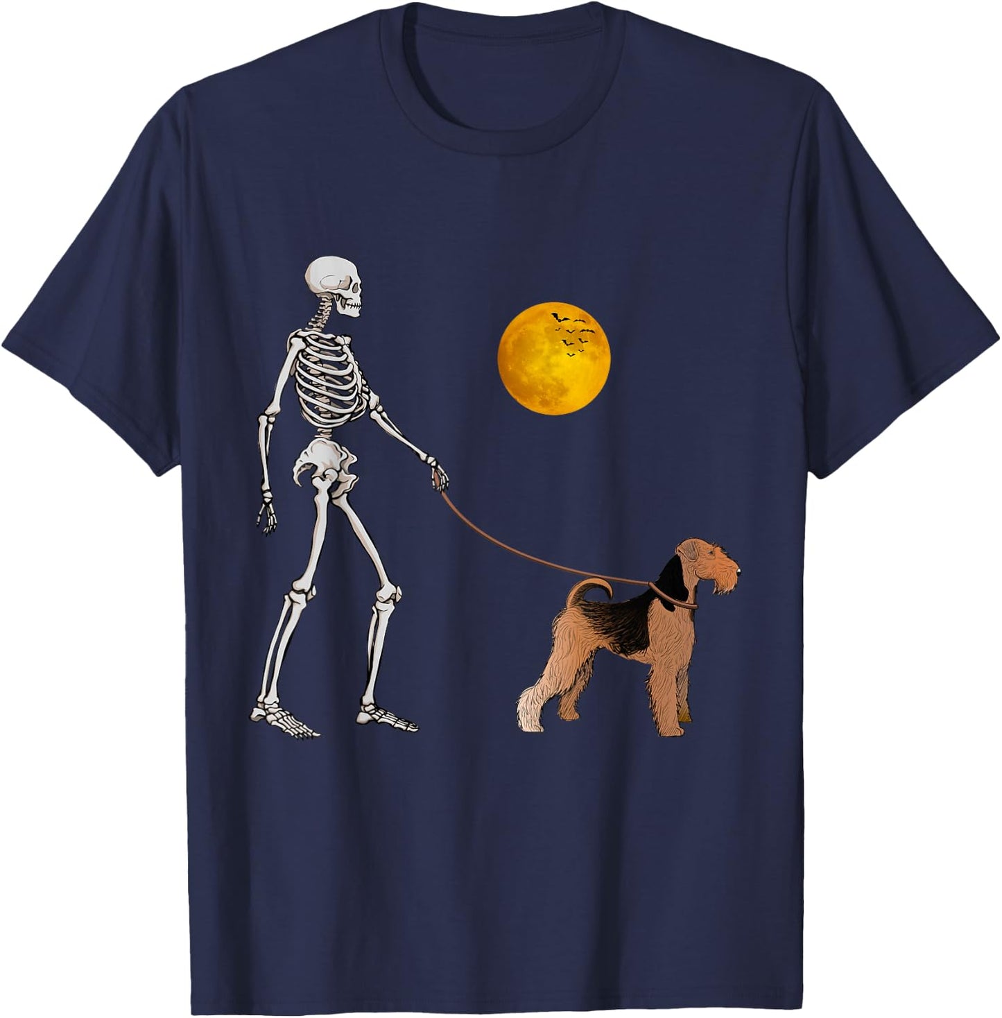 Airedale Terrier Skeleton Dog Walking Halloween Costume T-Shirt - T-Shirt | Navy
