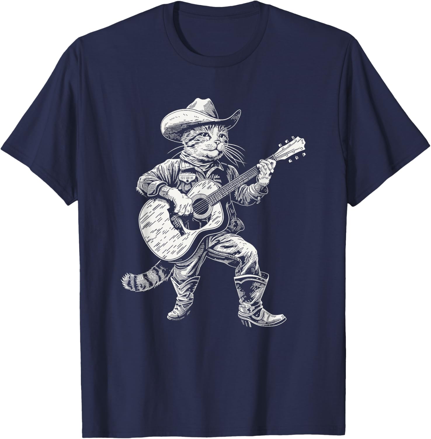 Cowboy Cat Playing Guitar Funny Country Music Loving Cat T-Shirt - T-Shirt | Navy