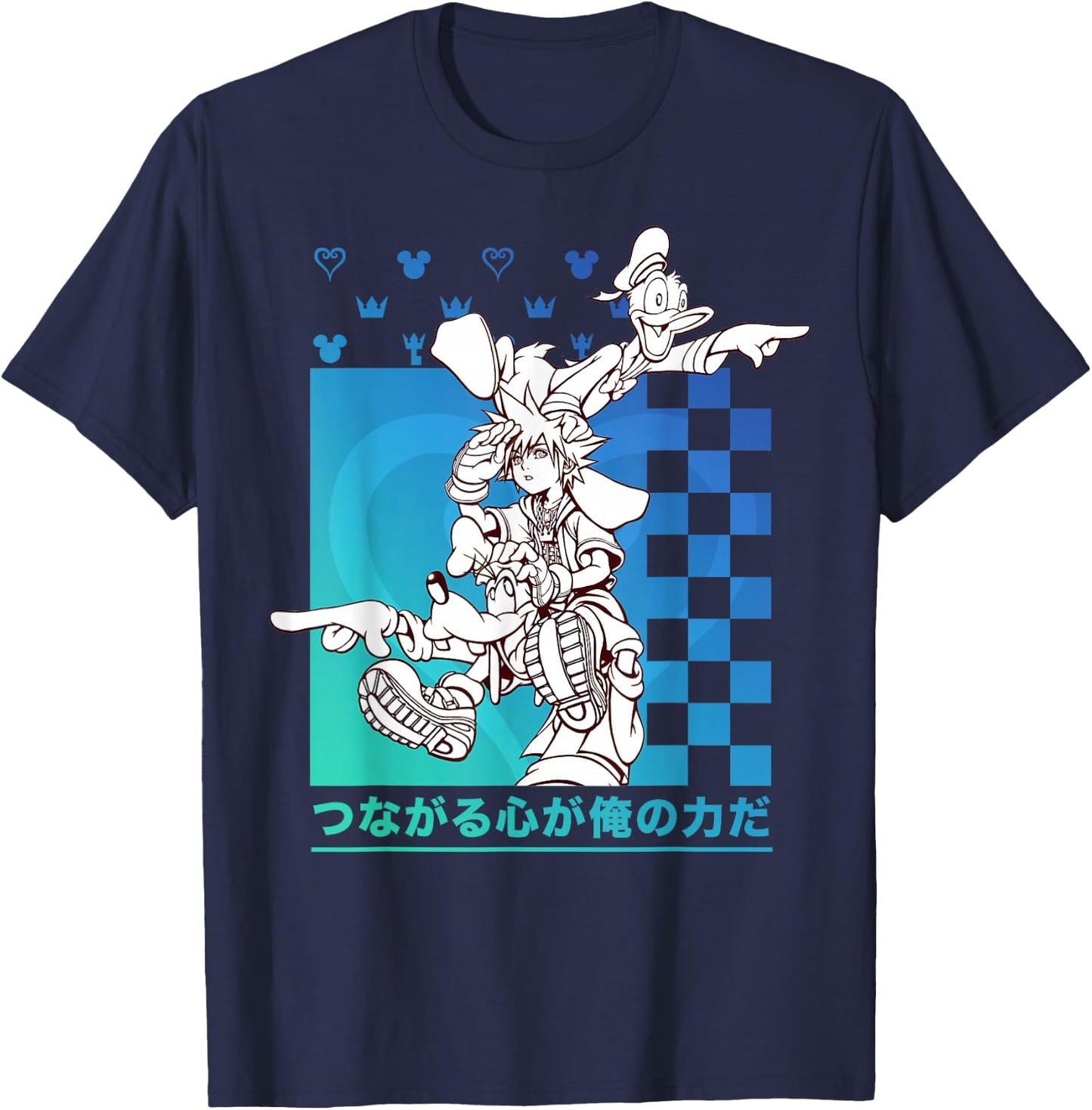 Disney Kingdom Hearts Sora Donald Goofy Kanji Checkerboard T-Shirt - T-Shirt | Navy