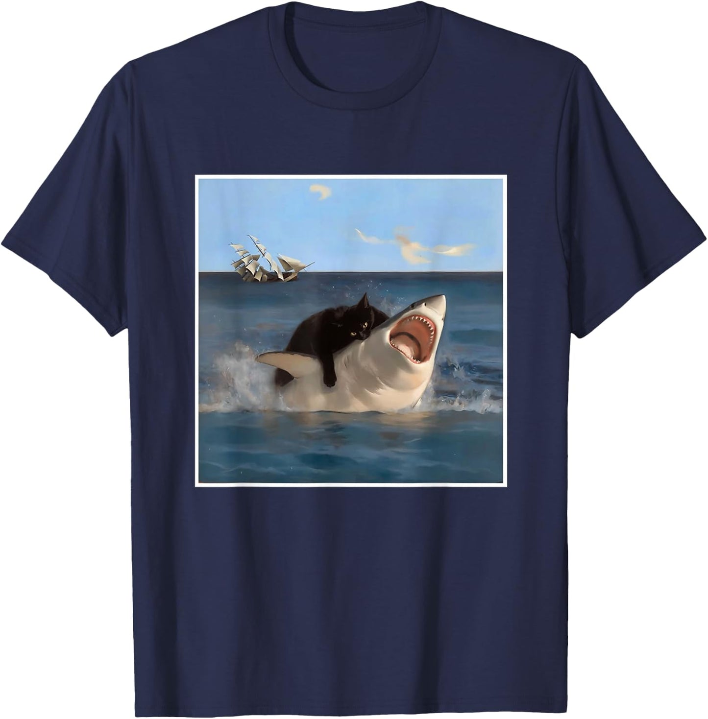 Funny Art & Cat Lover Quote Cat Biting Shark Cool Fat Cat T-Shirt - T-Shirt | Navy