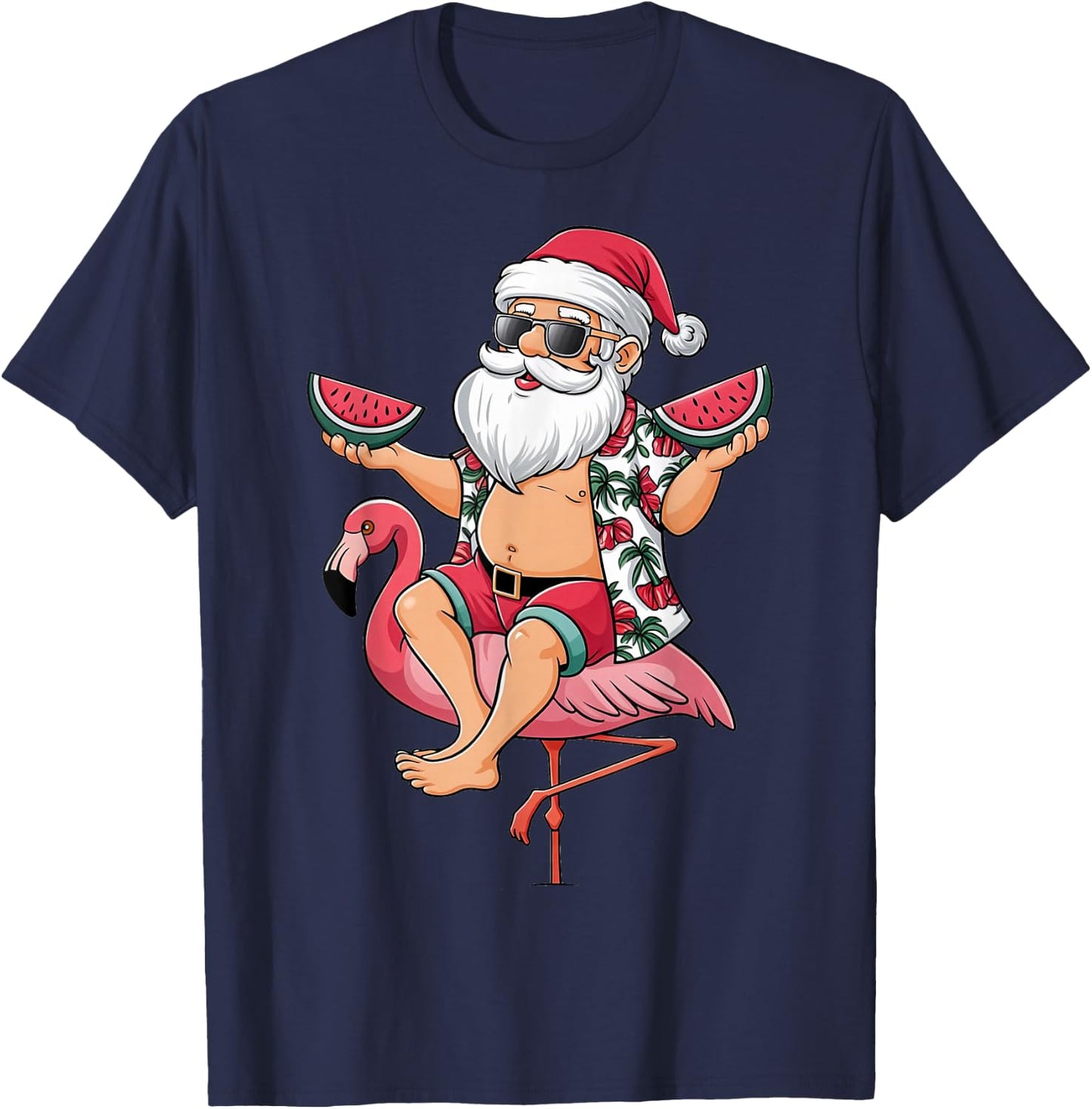 Santa Flamingo Floatie Christmas In July Watermelon Summer T-Shirt - T-Shirt | Navy